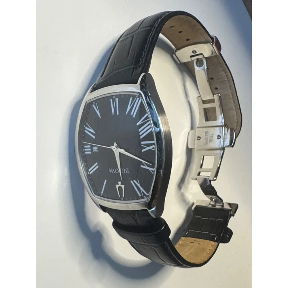 Bulova Watch Mens OS Black Roman Numeral Tonneau Leather Strap 96B290‎